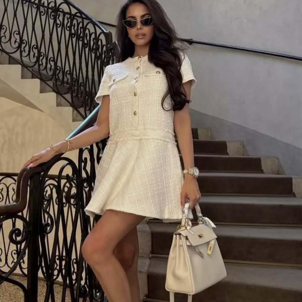New AQUA
Tweed Short Sleeve Mini Dress Cream Tweed Dress with Gold Buttons - Picture 11 of 16